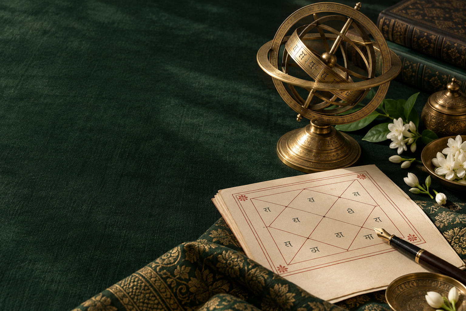 Astrology manuscript and brass armillary on green fabric